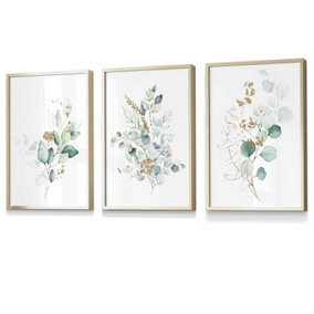 Set of 3 Green Blue Watercolour Eucalyptus Set 1 Wall Art Prints / 30x42cm (A3) / Gold Frame