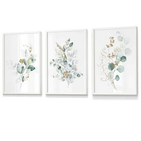 Set of 3 Green Blue Watercolour Eucalyptus Set 1 Wall Art Prints / 30x42cm (A3) / White Frame