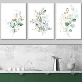 Set of 3 Green Blue Watercolour Eucalyptus Set 1 Wall Art Prints / 42x59cm (A2) / White Frame