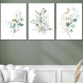 Set of 3 Green Blue Watercolour Eucalyptus Set 1 Wall Art Prints / 50x70cm / White Frame