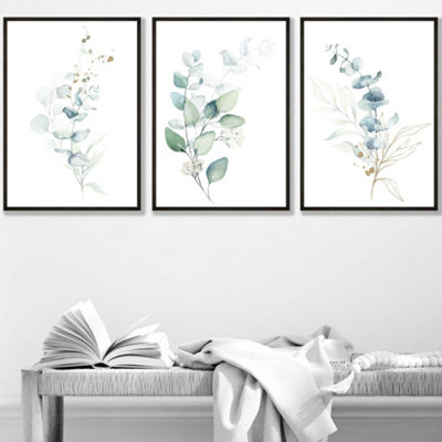 Set of 3 Green Blue Watercolour Eucalyptus Set 2 Wall Art Prints / 30x42cm (A3) / Black Frame