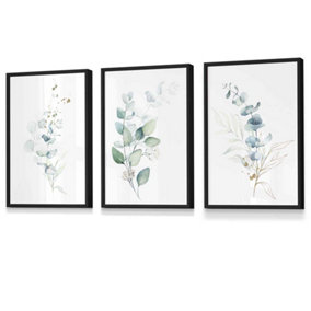 Set of 3 Green Blue Watercolour Eucalyptus Set 2 Wall Art Prints / 30x42cm (A3) / Black Frame