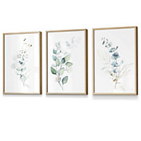 Set of 3 Green Blue Watercolour Eucalyptus Set 2 Wall Art Prints / 30x42cm (A3) / Oak Frame
