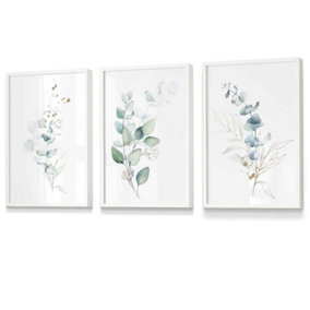 Set of 3 Green Blue Watercolour Eucalyptus Set 2 Wall Art Prints / 30x42cm (A3) / White Frame