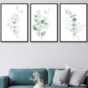 Set of 3 Green Blue Watercolour Eucalyptus Set 2 Wall Art Prints / 50x70cm / Black Frame