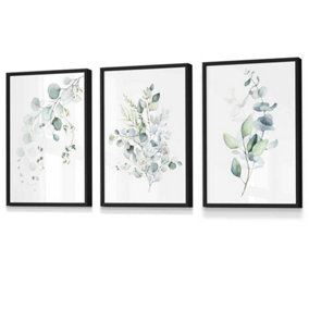 Set of 3 Green Blue Watercolour Eucalyptus Set 3 Wall Art Prints / 30x42cm (A3) / Black Frame