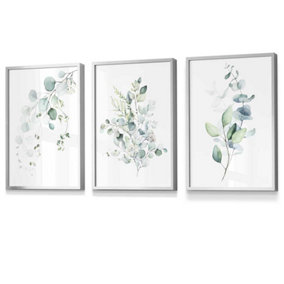 Set of 3 Green Blue Watercolour Eucalyptus Set 3 Wall Art Prints / 30x42cm (A3) / Silver Frame