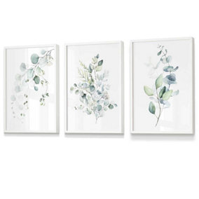 Set of 3 Green Blue Watercolour Eucalyptus Set 3 Wall Art Prints / 30x42cm (A3) / White Frame