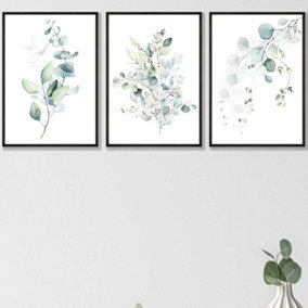 Set of 3 Green Blue Watercolour Eucalyptus Set 3 Wall Art Prints / 42x59cm (A2) / Black Frame