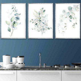 Set of 3 Green Blue Watercolour Eucalyptus Set 3 Wall Art Prints / 42x59cm (A2) / Silver Frame