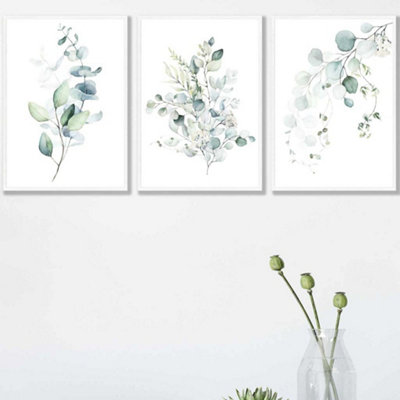 Set of 3 Green Blue Watercolour Eucalyptus Set 3 Wall Art Prints / 42x59cm (A2) / White Frame