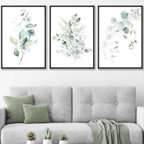 Set of 3 Green Blue Watercolour Eucalyptus Set 3 Wall Art Prints / 50x70cm / Black Frame