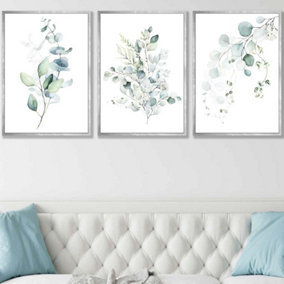 Set of 3 Green Blue Watercolour Eucalyptus Set 3 Wall Art Prints / 50x70cm / Silver Frame
