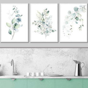 Set of 3 Green Blue Watercolour Eucalyptus Set 3 Wall Art Prints / 50x70cm / White Frame
