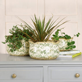 Set of 3 Green Round Scallop Hallway Room Table Decor Garden Planter Pot