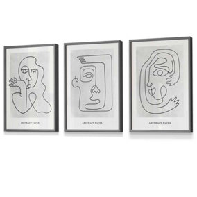 Set of 3 Grey Abstract Line Art Faces Wall Art Prints / 30x42cm (A3) / Dark Grey Frame