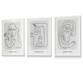 Set of 3 Grey Abstract Line Art Faces Wall Art Prints / 30x42cm (A3) / White Frame