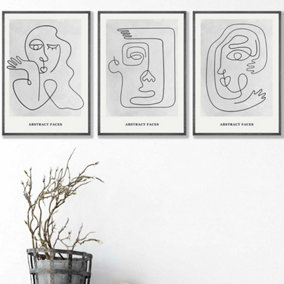 Set of 3 Grey Abstract Line Art Faces Wall Art Prints / 42x59cm (A2) / Dark Grey Frame