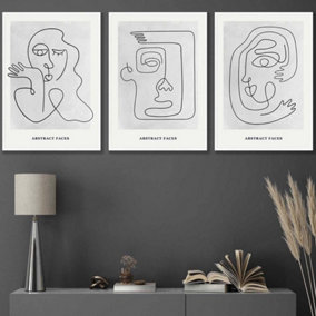 Set of 3 Grey Abstract Line Art Faces Wall Art Prints / 42x59cm (A2) / White Frame