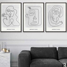 Set of 3 Grey Abstract Line Art Faces Wall Art Prints / 50x70cm / Black Frame