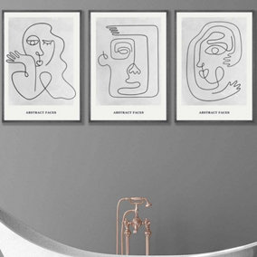 Set of 3 Grey Abstract Line Art Faces Wall Art Prints / 50x70cm / Dark Grey Frame