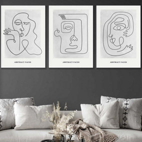 Set of 3 Grey Abstract Line Art Faces Wall Art Prints / 50x70cm / White Frame
