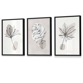 Set of 3 Grey and Beige Botanical Sketch Leaves Wall Art / 42x59cm (A2) / Black Frame