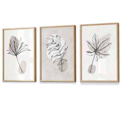 Set of 3 Grey and Beige Botanical Sketch Leaves Wall Art / 42x59cm (A2) / Oak Frame