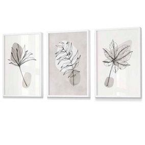 Set of 3 Grey and Beige Botanical Sketch Leaves Wall Art / 42x59cm (A2) / White Frame