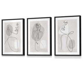 Set of 3 Grey and Beige Female Line Art Wall Art Prints Wall Art Prints / 30x42cm (A3) / Black Frame