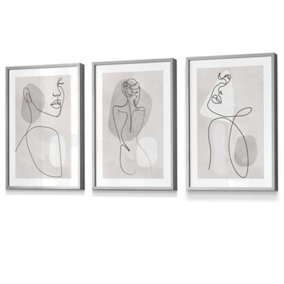 Set of 3 Grey and Beige Female Line Art Wall Art Prints Wall Art Prints / 30x42cm (A3) / Light Grey Frame