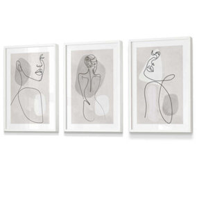 Set of 3 Grey and Beige Female Line Art Wall Art Prints Wall Art Prints / 30x42cm (A3) / White Frame
