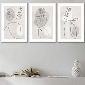Set of 3 Grey and Beige Female Line Art Wall Art Prints Wall Art Prints / 42x59cm (A2) / White Frame