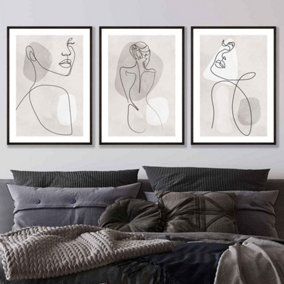 Set of 3 Grey and Beige Female Line Art Wall Art Prints Wall Art Prints / 50x70cm / Black Frame