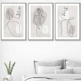 Set of 3 Grey and Beige Female Line Art Wall Art Prints Wall Art Prints / 50x70cm / Light Grey Frame