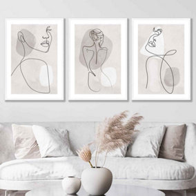 Set of 3 Grey and Beige Female Line Art Wall Art Prints Wall Art Prints / 50x70cm / White Frame