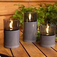 Set of 3 Grey Candle Solar Lights Flameless Warm White Garden Table Night Lights
