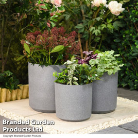 Set of 3 Grey Cylinder Stone Effect Planter Outdoor Garden Plastic 26cm, 31cm, 36cm