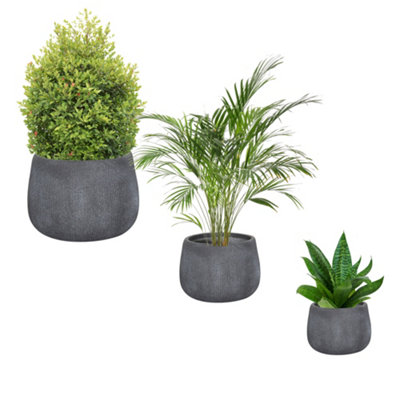 Set of 3 Grey Symmetry Stripe Fibre Clay Indoor Outdoor Flower Plant Pot Houseplant Garden Planters