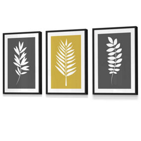 Set of 3 Grey Yellow Graphical Leaves Wall Art Prints / 30x42cm (A3) / Black Frame