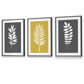 Set of 3 Grey Yellow Graphical Leaves Wall Art Prints / 30x42cm (A3) / Dark Grey Frame