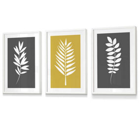 Set of 3 Grey Yellow Graphical Leaves Wall Art Prints / 30x42cm (A3) / White Frame