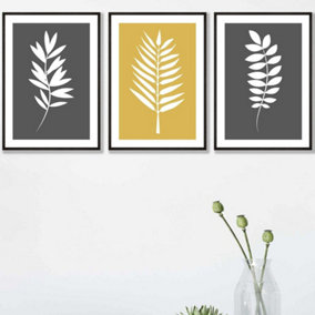 Set of 3 Grey Yellow Graphical Leaves Wall Art Prints / 42x59cm (A2) / Black Frame
