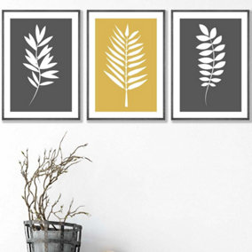 Set of 3 Grey Yellow Graphical Leaves Wall Art Prints / 42x59cm (A2) / Dark Grey Frame