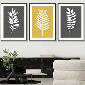 Set of 3 Grey Yellow Graphical Leaves Wall Art Prints / 50x70cm / Black Frame