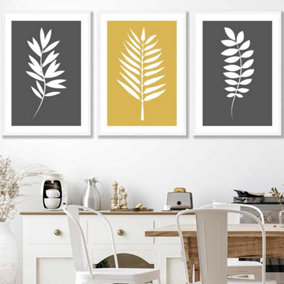 Set of 3 Grey Yellow Graphical Leaves Wall Art Prints / 50x70cm / White Frame