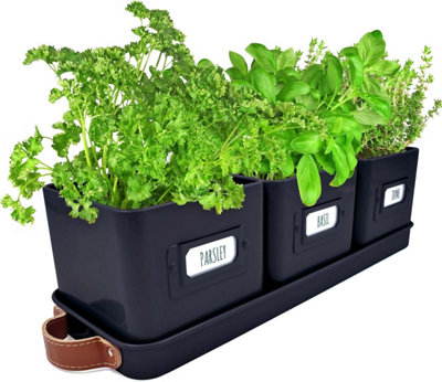 Set of 3 Herb Planter Pots for Kitchen Windowsill Black with Leather Handled Tray Ideal for an Indoor Garden Labels Included