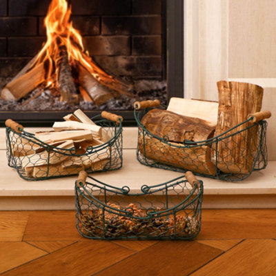 Set of 3 Hunter Green Log and Kindling Wire Storage Baskets Gift for