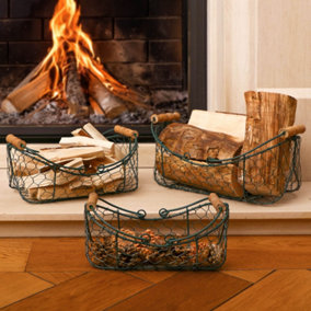 Set of 3 Hunter Green Log and Kindling Wire Storage Baskets Gift for Father's Day