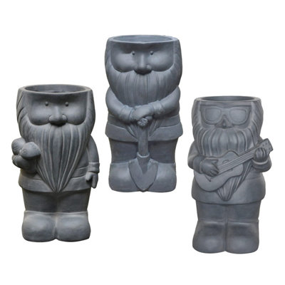 Set of 3 IDEALIST™ Funny Garden Gnome Reinforced Stone Planters: Gnome with a Shovel, Gnome with a Guitar and Gnome with Mushrooms